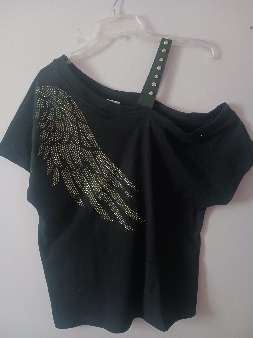Vocal Black Off-Shoulder Top with Bling Wing Accent